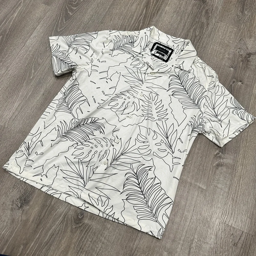 Porter & Ash Kinetic Stretch Mens‎ Large White Black Tropical Leaf Button Down